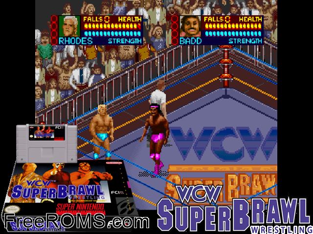 WCW Super Brawl Wrestling SNES game showing 3D box cover and gameplay screenshot