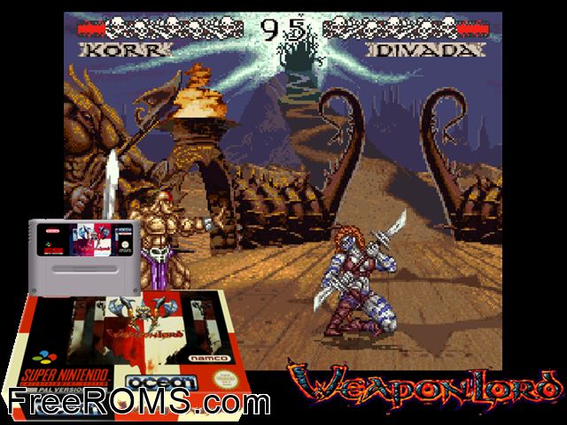 Weapon Lord SNES game showing 3D box cover and gameplay screenshot