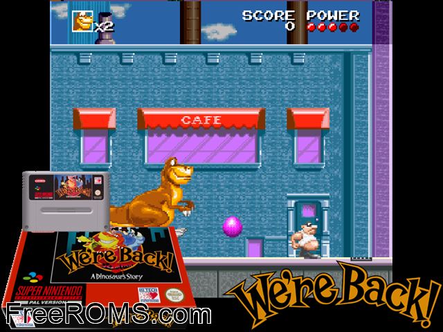 We're Back! - A Dinosaur's Story SNES game showing 3D box cover and gameplay screenshot