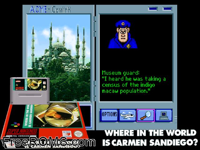 Where in the World is Carmen Sandiego SNES game showing 3D box cover and gameplay screenshot