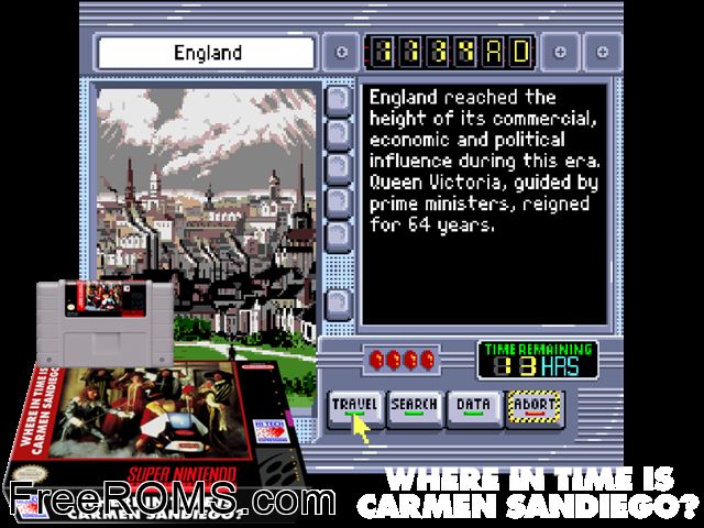 Where in Time is Carmen Sandiego SNES game showing 3D box cover and gameplay screenshot