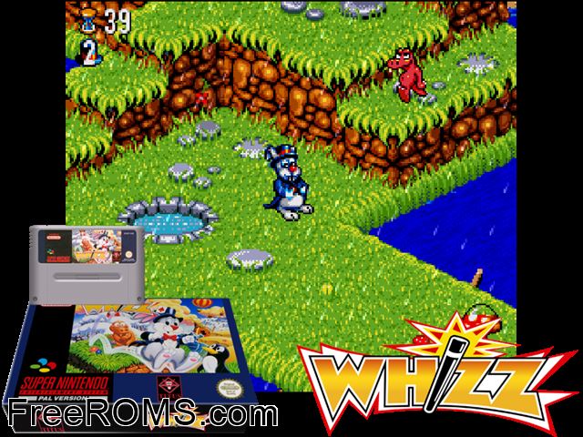 Whizz SNES game showing 3D box cover and gameplay screenshot