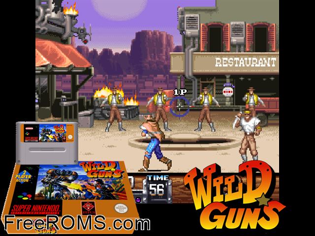 Wild Guns SNES game showing 3D box cover and gameplay screenshot