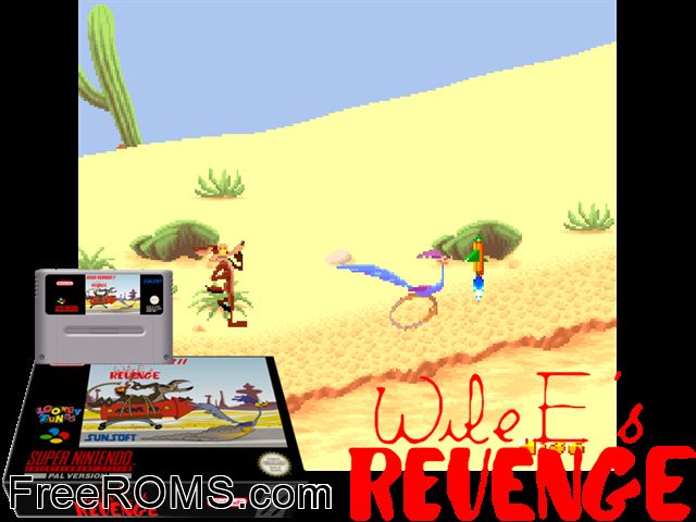 Wile E Coyotes Revenge SNES game showing 3D box cover and gameplay screenshot