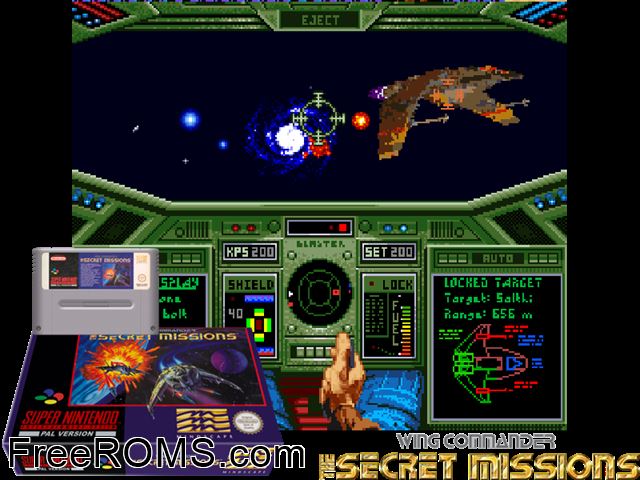 Wing Commander - The Secret Missions SNES game showing 3D box cover and gameplay screenshot