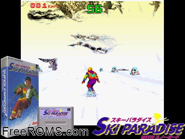 Winter Extreme Skiing and Snowboarding SNES game showing 3D box cover and gameplay screenshot