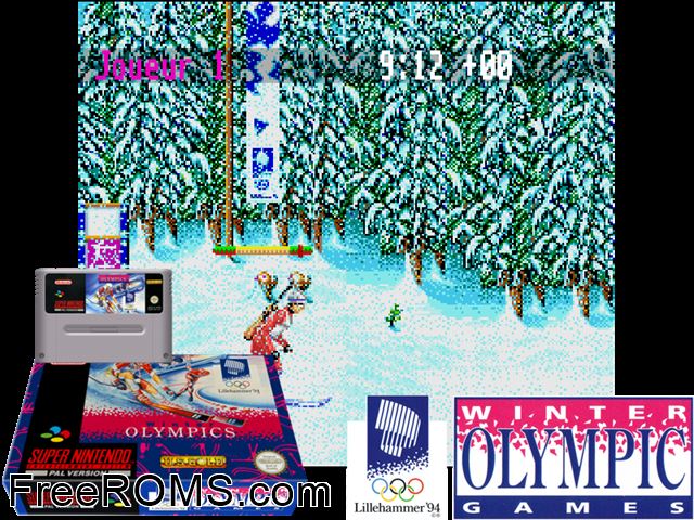 Winter Olympic Games - Lillehammer '94 SNES game showing 3D box cover and gameplay screenshot