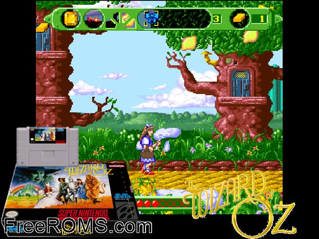 Wizard of Oz, The SNES game showing 3D box cover and gameplay screenshot