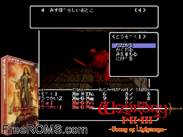 Wizardry I-II-III - Story of Llylgamyn SNES game showing 3D box cover and gameplay screenshot