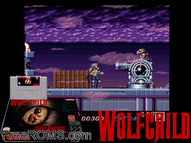 Wolf Child SNES game showing 3D box cover and gameplay screenshot