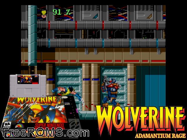 Wolverine - Adamantium Rage SNES game showing 3D box cover and gameplay screenshot