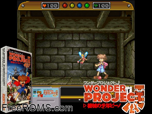 Wonder Project J - Kikai no Shounen Pino SNES game showing 3D box cover and gameplay screenshot