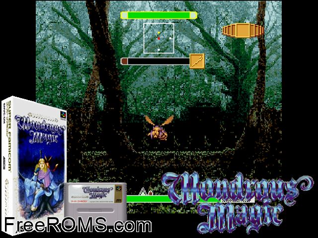 Wondrous Magic SNES game showing 3D box cover and gameplay screenshot