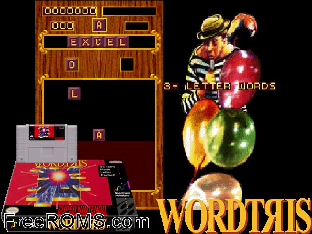 Wordtris SNES game showing 3D box cover and gameplay screenshot