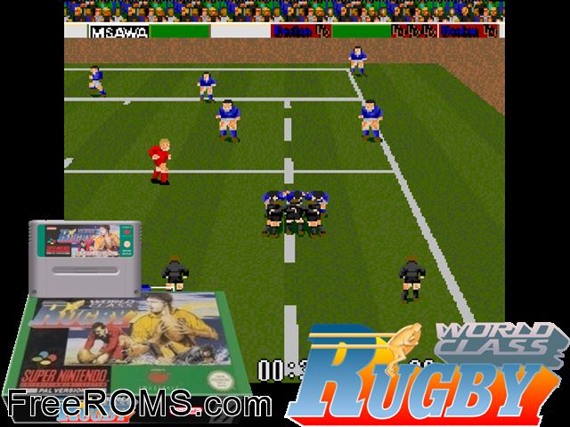 World Class Rugby SNES game showing 3D box cover and gameplay screenshot