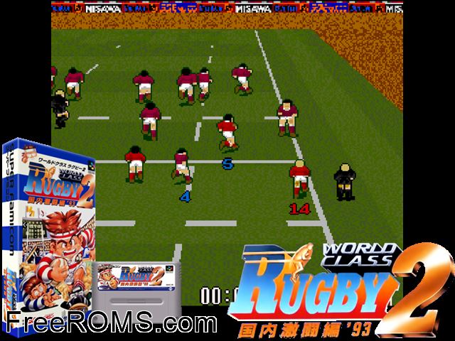 World Class Rugby 2 - Kokunai Gekitou Hen '93 SNES game showing 3D box cover and gameplay screenshot