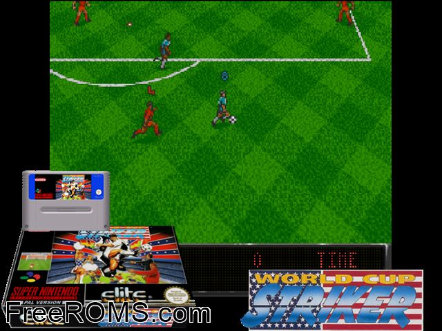 World Cup Striker SNES game showing 3D box cover and gameplay screenshot