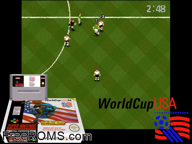 World Cup USA 94 SNES game showing 3D box cover and gameplay screenshot
