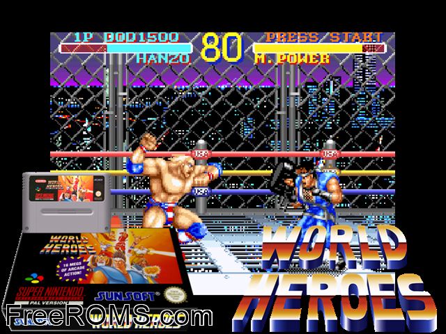 World Heroes SNES game showing 3D box cover and gameplay screenshot