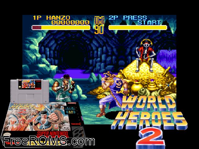 World Heroes 2 SNES game showing 3D box cover and gameplay screenshot