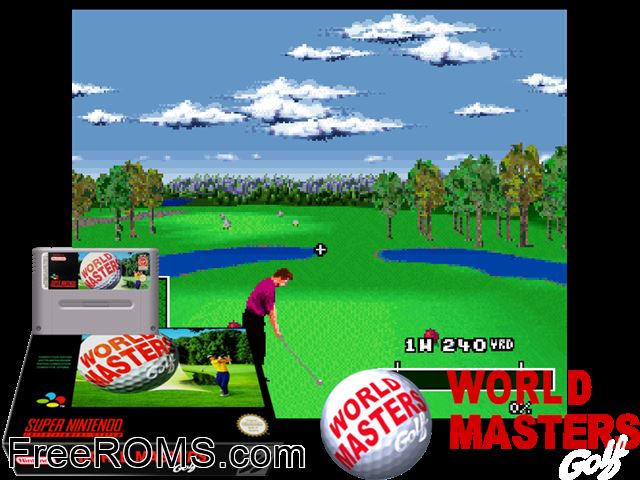 World Masters Golf SNES game showing 3D box cover and gameplay screenshot