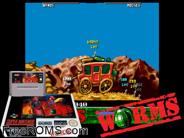 Worms SNES game showing 3D box cover and gameplay screenshot