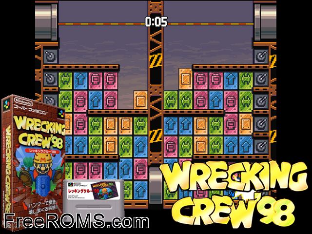 Wrecking Crew '98 SNES game showing 3D box cover and gameplay screenshot