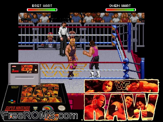 WWF Raw SNES game showing 3D box cover and gameplay screenshot