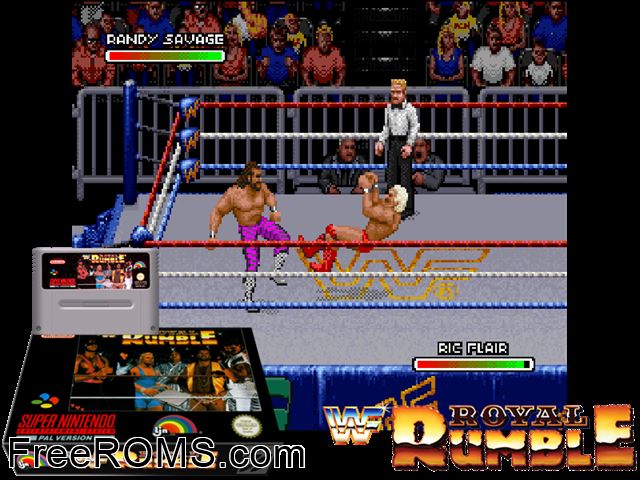 WWF Royal Rumble SNES game showing 3D box cover and gameplay screenshot