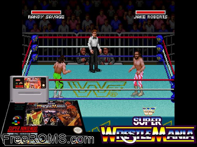 WWF Super WrestleMania SNES game showing 3D box cover and gameplay screenshot