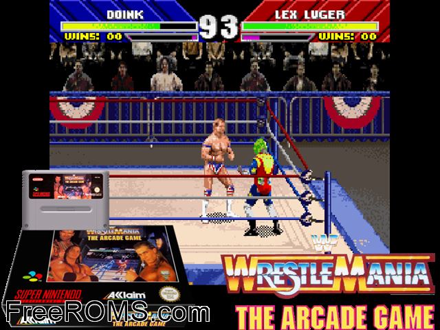 WWF WrestleMania - The Arcade Game SNES game showing 3D box cover and gameplay screenshot