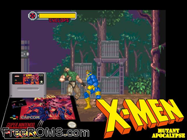 X-Men - Mutant Apocalypse SNES game showing 3D box cover and gameplay screenshot