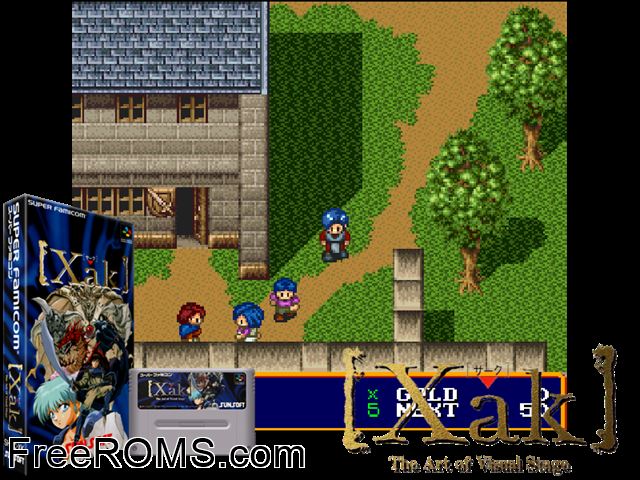 Xak - The Art of Visual Stage SNES game showing 3D box cover and gameplay screenshot