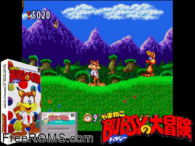Yamaneko Bubsy no Daibouken SNES game showing 3D box cover and gameplay screenshot