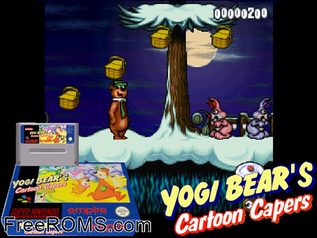 Yogi Bear SNES game showing 3D box cover and gameplay screenshot