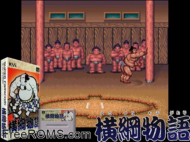 Yokozuna Monogatari SNES game showing 3D box cover and gameplay screenshot