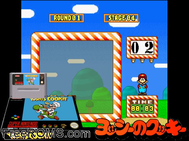 Yoshi's Cookie SNES game showing 3D box cover and gameplay screenshot