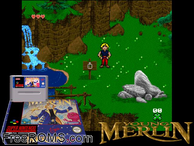 Young Merlin SNES game showing 3D box cover and gameplay screenshot