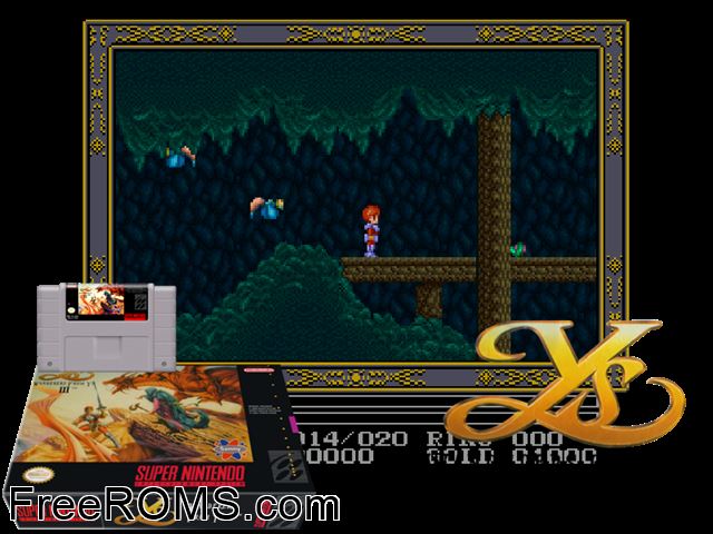 Ys III - Wanderers from Ys SNES game showing 3D box cover and gameplay screenshot