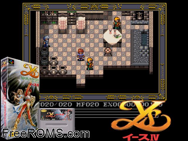 Ys IV - Mask of the Sun SNES game showing 3D box cover and gameplay screenshot