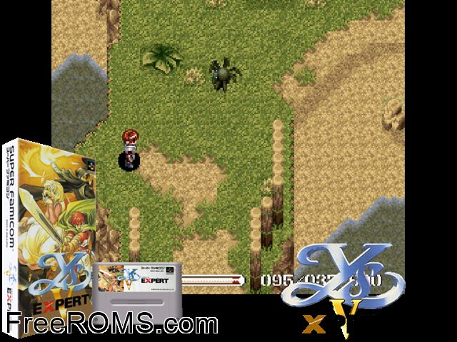 Ys V - Ushinawareta Suna no Miyako Kefin SNES game showing 3D box cover and gameplay screenshot