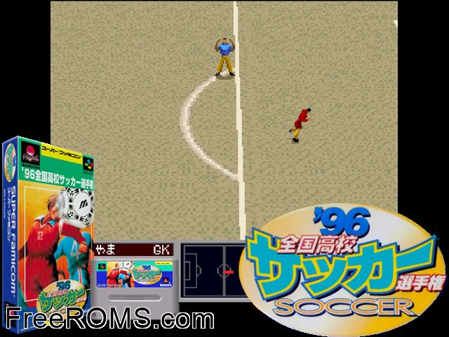 Zenkoku Koukou Soccer Senshuken '96 SNES game showing 3D box cover and gameplay screenshot