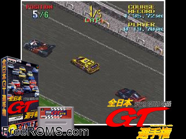 Zennihon GT Senshuken SNES game showing 3D box cover and gameplay screenshot