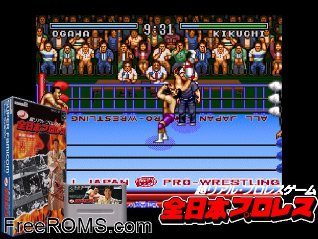 Zennihon Pro Wrestling SNES game showing 3D box cover and gameplay screenshot