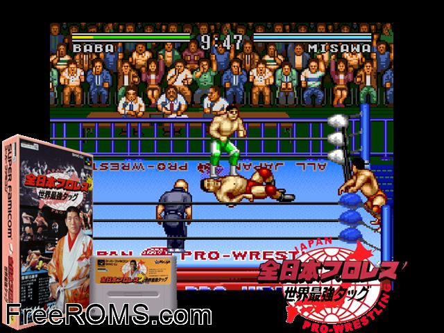 Zennihon Pro Wrestling' - Sekai Saikyou Tag SNES game showing 3D box cover and gameplay screenshot