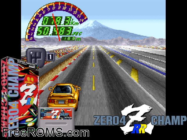 Zero 4 Champ RR-Z SNES game showing 3D box cover and gameplay screenshot
