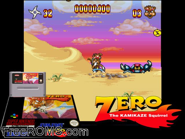 Zero the Kamikaze Squirrel SNES game showing 3D box cover and gameplay screenshot