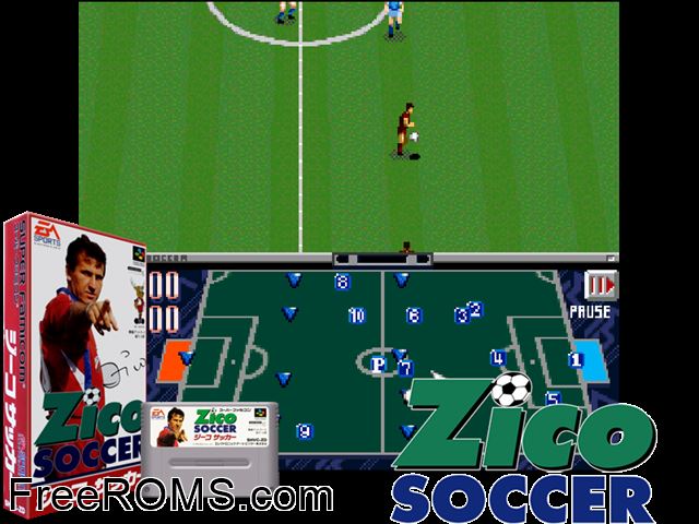 Zico Soccer SNES game showing 3D box cover and gameplay screenshot