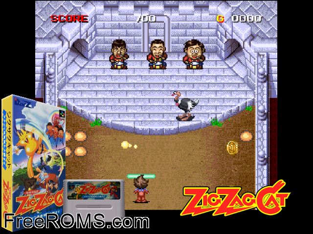 Zig Zag Cat - Ostrich Club mo Oosawagi da SNES game showing 3D box cover and gameplay screenshot