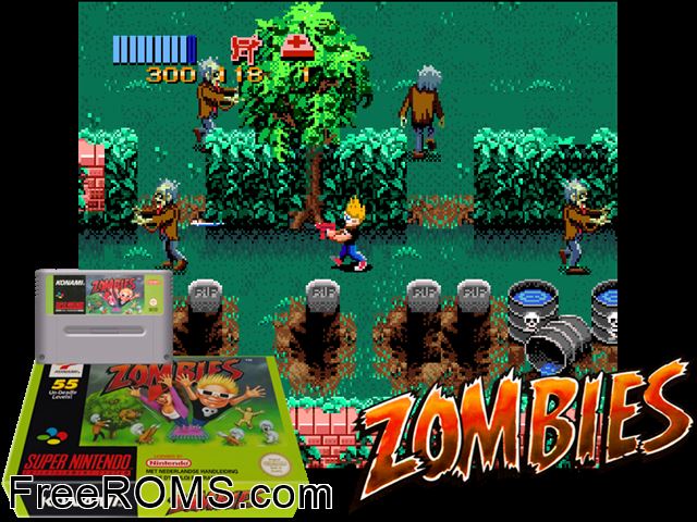 Zombies Ate My Neighbors SNES game showing 3D box cover and gameplay screenshot